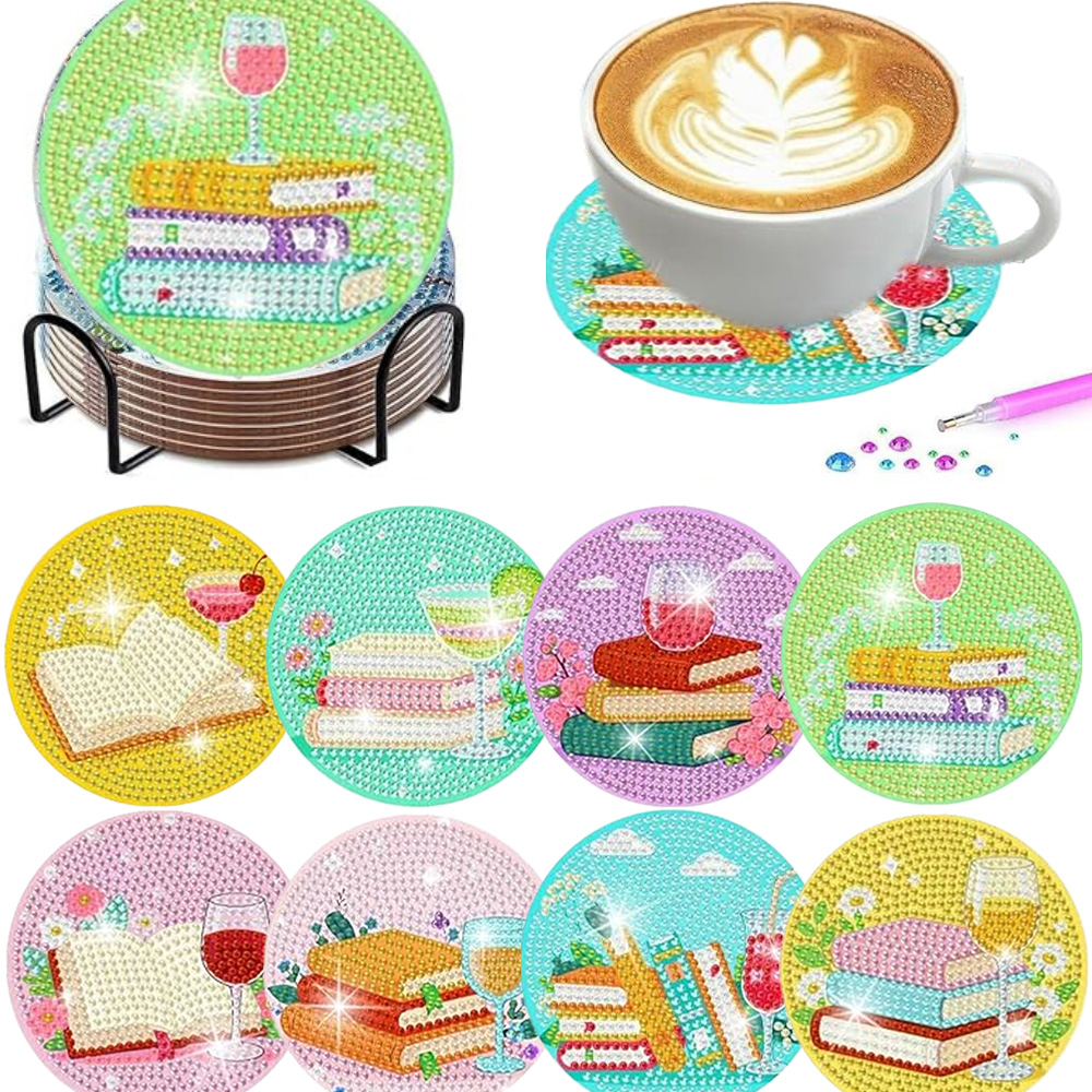 Resin Art Coasters - 8 peças/conjunto com suporte, porta-copos de